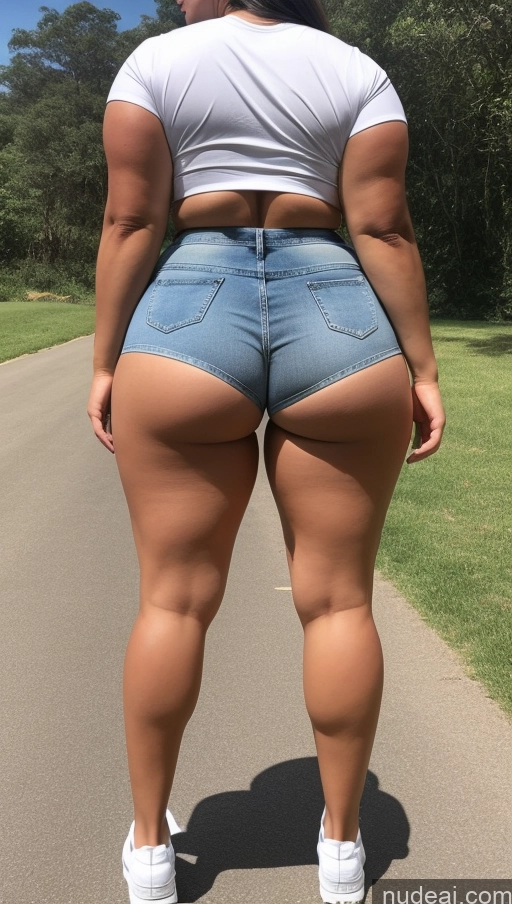 ai nude image of a woman in a white shirt and blue shorts is walking down a road pics of Athlete Big Ass Big Hips Short Shorts Jeans