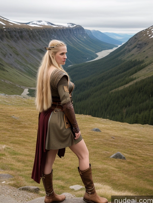 ai nude image of blond woman in a green dress and brown boots standing on a rock pics of Woman One Tall Long Legs Fairer Skin Small Ass Small Tits Long Hair Blonde Swedish Viking Mountains