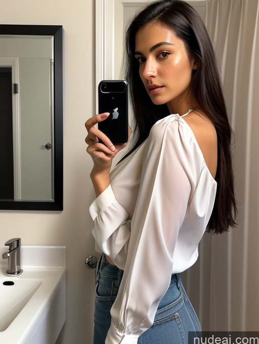 ai nude image of araffed woman taking a selfie in a bathroom with a mirror pics of Woman One Huge Boobs 18 Serious Black Hair Long Hair White Mirror Selfie Bathroom Close-up View Blouse Skinny