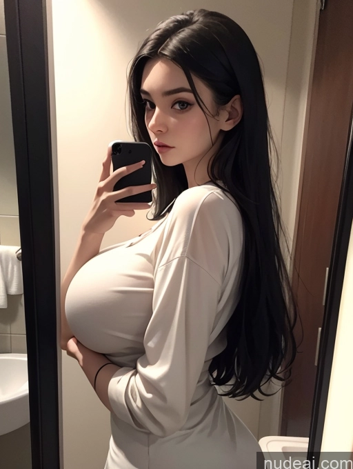 ai nude image of araffe woman in a white dress taking a selfie in a mirror pics of Woman One Huge Boobs 18 Serious Black Hair Long Hair White Mirror Selfie Bathroom Close-up View Blouse Skinny Dark Lighting