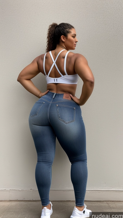 ai nude image of a woman in a white bra top and jeans standing against a wall pics of Athlete Big Hips Big Ass Jeans