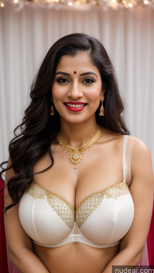 ai nude image of araffed woman in a white bra and gold jewelry pics of Woman Huge Boobs Beautiful Lipstick Fairer Skin 50s Happy Seductive Sexy Face Black Hair Indian Skin Detail (beta) Bra Sari Traditional Wedding Gold Jewelry Bright Lighting Snow Big Ass Front View Thong