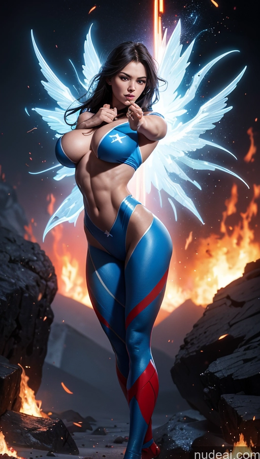 ai nude image of arafed woman in a blue and red costume standing in front of a fire pics of Bodybuilder Several Perfect Boobs Muscular Abs Perfect Body Surrealist Dynamic View Military Superhero Israel Powering Up Battlefield Heat Vision