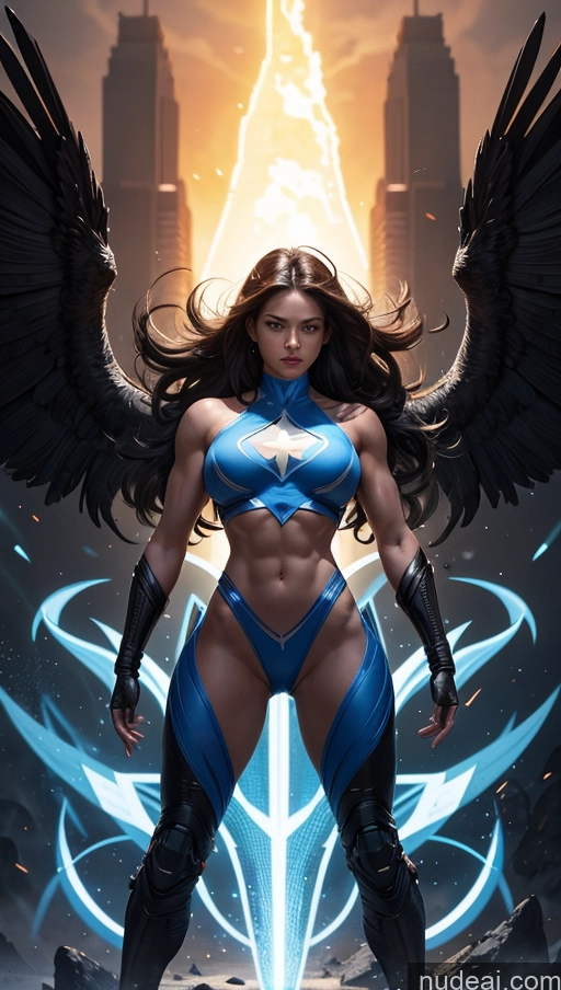 ai nude image of a close up of a woman with wings on a city background pics of Bodybuilder Several Perfect Boobs Muscular Abs Perfect Body Surrealist Dynamic View Military Superhero Israel Powering Up Battlefield Heat Vision