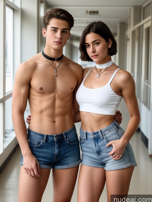 ai nude image of there are two people standing next to each other in a hallway pics of Beautiful Skinny Abs Small Ass Small Tits Perfect Boobs Fairer Skin School Hallway 18 Brunette Short Hair Choker Crop Top Daisy Dukes French Shocked Woman + Man