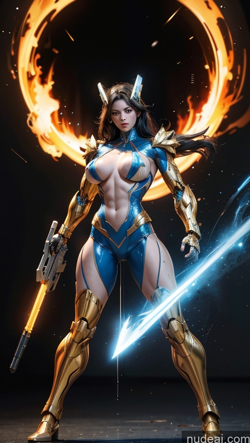 ai nude image of a woman in a blue and gold outfit holding a sword pics of Bodybuilder Several Perfect Boobs Muscular Abs Perfect Body Surrealist Dynamic View Military Superhero Israel Powering Up Battlefield Heat Vision SSS: A-Mecha Musume A素体机娘