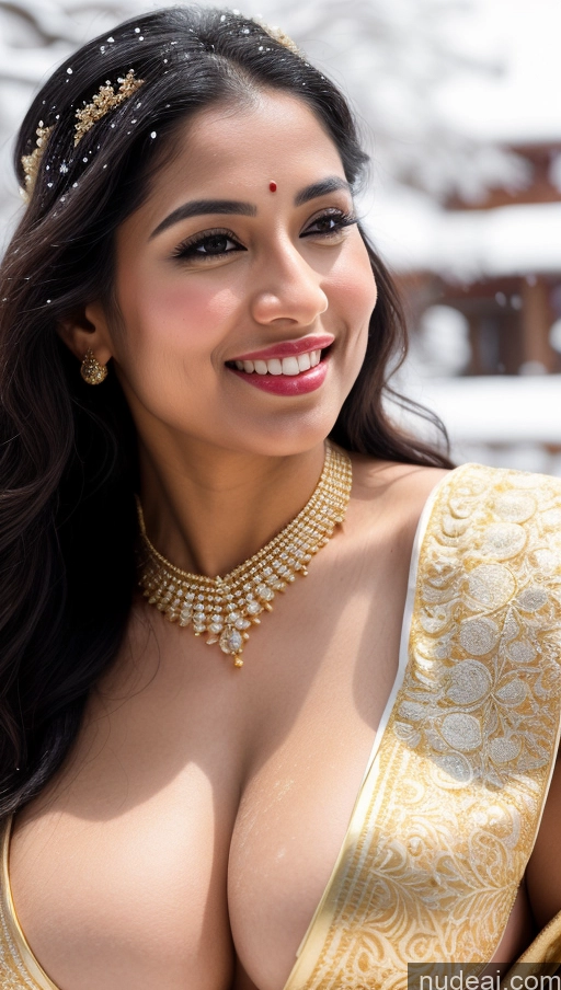 ai nude image of araffed woman in a sari with a smile on her face pics of Huge Boobs Beautiful Lipstick Fairer Skin 50s Happy Seductive Sexy Face Black Hair Indian Skin Detail (beta) Bra Sari Traditional Wedding Gold Jewelry Bright Lighting Snow Big Ass Thong Woman Simple Close-up View