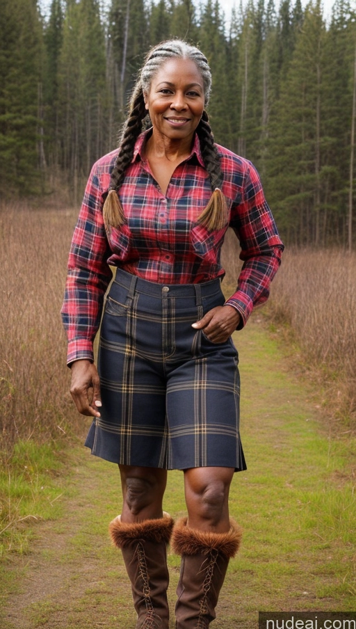 ai nude image of arafed woman in plaid shirt and plaid skirt standing in field pics of Muscular Dark Skin Thick Lumberjack Braided 70s Western