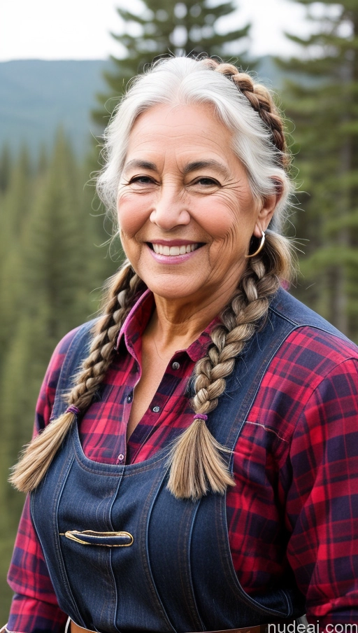 ai nude image of smiling woman with braids and a red plaid shirt in front of a forest pics of Muscular Dark Skin Thick Lumberjack Braided 70s Western Native American White Hair Jeans Happy