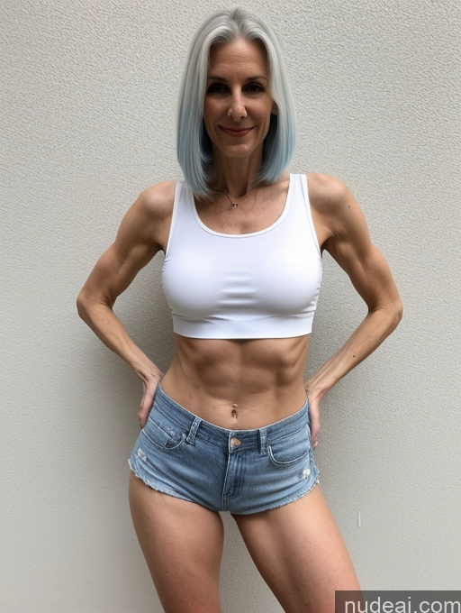 ai nude image of arafed woman with blue hair and a white tank top posing for a picture pics of Milf Small Tits Small Ass Abs Tall Long Legs Fairer Skin 40s Blue Hair Long Hair White Crop Top Short Shorts