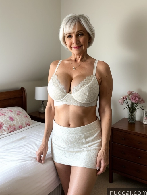 ai nude image of there is a woman in a white skirt and bra top posing for a picture pics of Milf Busty Small Ass Skinny Pubic Hair 60s White Hair Pixie Bedroom Crop Top Micro Skirt Cleavage