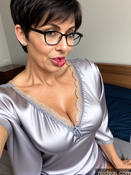 ai nude image of woman in a satin shirt and glasses sitting on a bed pics of Czech Glasses Bedroom Blouse Nightgown Satin Simple Black Hair Pixie Sexy Face Close-up View Blowjob Busty 50s Milf