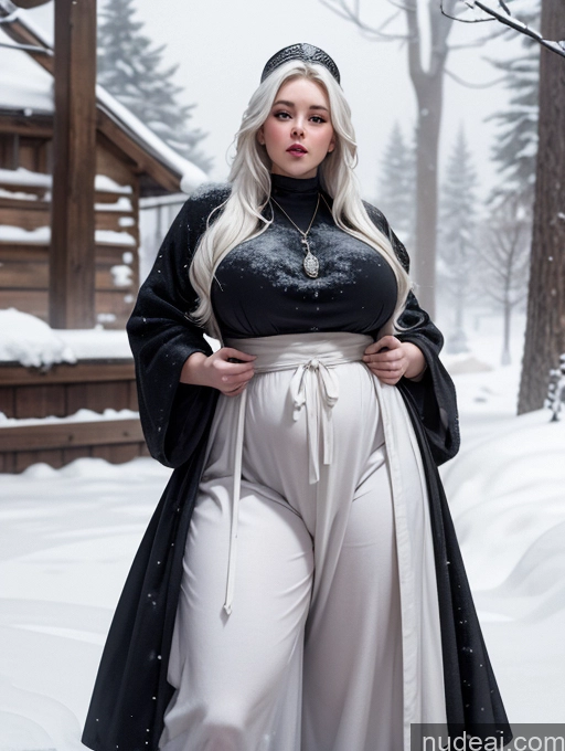 ai nude image of pregnant woman in black and white outfit standing in snow covered area pics of Medieval Chubby Big Hips Fat Abs Thick White Hair Snow