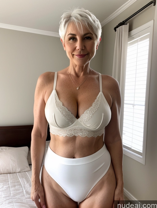 ai nude image of there is a woman in a white underwear posing for a picture pics of Milf Busty Small Ass Skinny Pubic Hair 60s White Hair Pixie Bedroom Crop Top Micro Skirt Cleavage