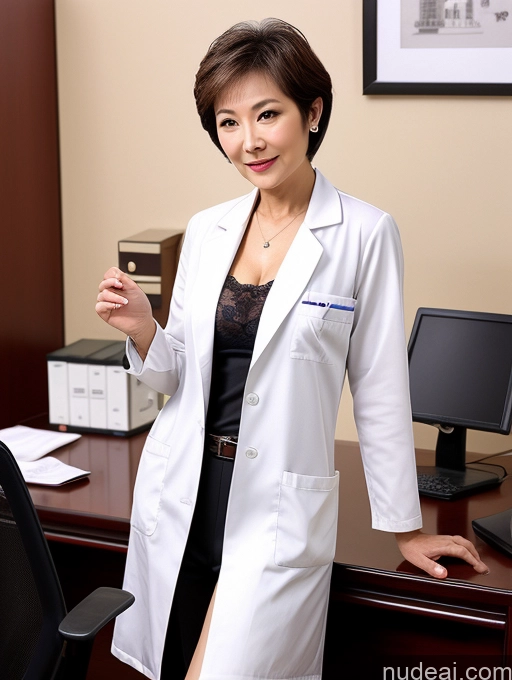 ai nude image of arafed woman in a lab coat standing in front of a desk pics of Milf Two Perfect Boobs Perfect Body Pubic Hair Short Hair 70s Chinese Office Doctor Lab Coat Cleavage Dark Lighting Sexy Face