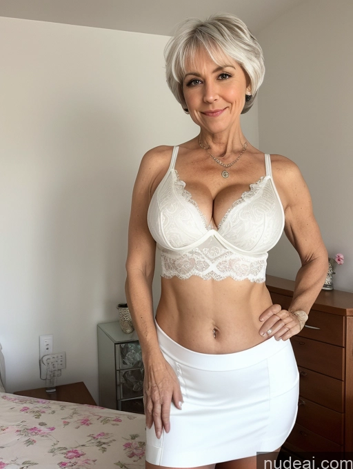 ai nude image of there is a woman in a white skirt posing for a picture pics of Milf Busty Small Ass Skinny Pubic Hair 60s White Hair Pixie Bedroom Crop Top Micro Skirt Cleavage