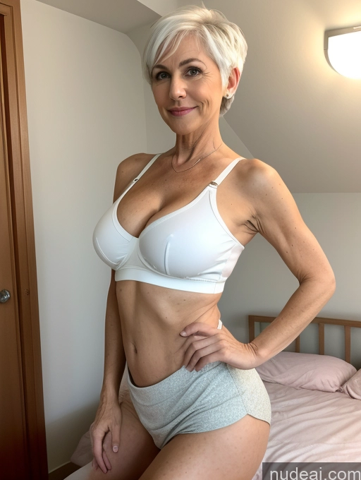 ai nude image of there is a woman in a white bra top and gray panties pics of Milf Busty Small Ass Skinny Pubic Hair 60s White Hair Pixie Bedroom Crop Top Micro Skirt Cleavage Bending Over