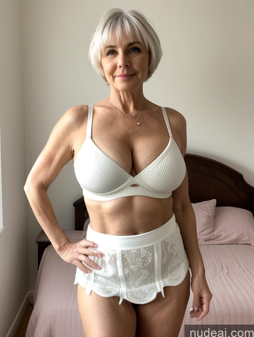 ai nude image of there is a woman in a white bra top and panties posing for a picture pics of Milf Busty Small Ass Skinny Pubic Hair 60s White Hair Pixie Bedroom Crop Top Micro Skirt Cleavage Bending Over