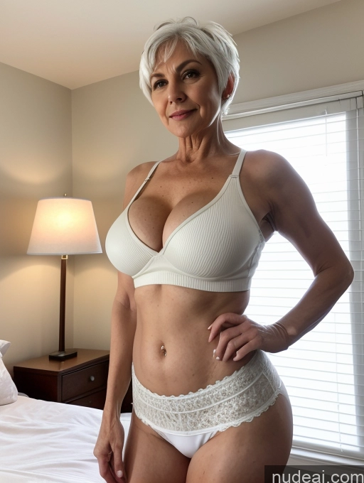 ai nude image of there is a woman in a white bra top and panties posing on a bed pics of Milf Busty Small Ass Skinny Pubic Hair 60s White Hair Pixie Bedroom Crop Top Micro Skirt Cleavage Spreading Legs