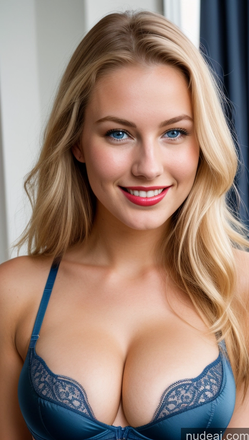 ai nude image of blond woman with blue eyes and a blue bralet posing for a picture pics of Busty Perfect Boobs Lipstick Beautiful Perfect Body Skinny 18 Happy Scandinavian Push-up Bra Bending Over