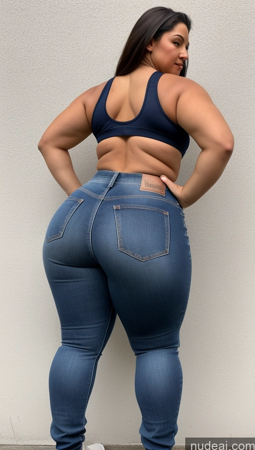 ai nude image of araffe woman in a blue bra top and jeans standing against a wall pics of Athlete Big Ass Big Hips Jeans