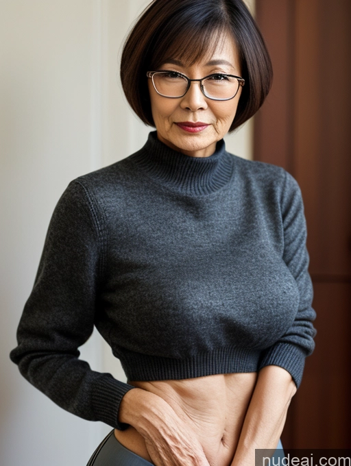 ai nude image of there is a woman with glasses and a sweater posing for a picture pics of Milf Two Small Tits Beautiful Glasses Perfect Body Short Hair 70s Chinese Side View Bra Casual Professor Sweater Cleavage Dark Lighting Detailed Sexy Face