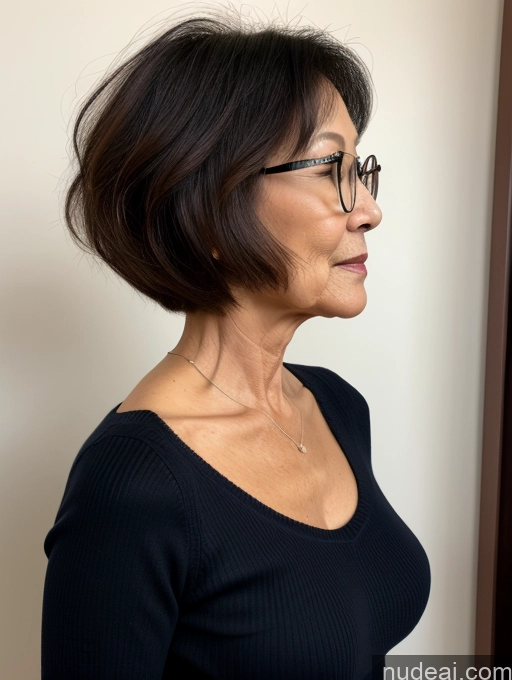 ai nude image of there is a woman with glasses and a black top standing in front of a wall pics of Milf Two Small Tits Beautiful Glasses Perfect Body Short Hair 70s Chinese Side View Bra Casual Professor Sweater Cleavage Dark Lighting Detailed Sexy Face