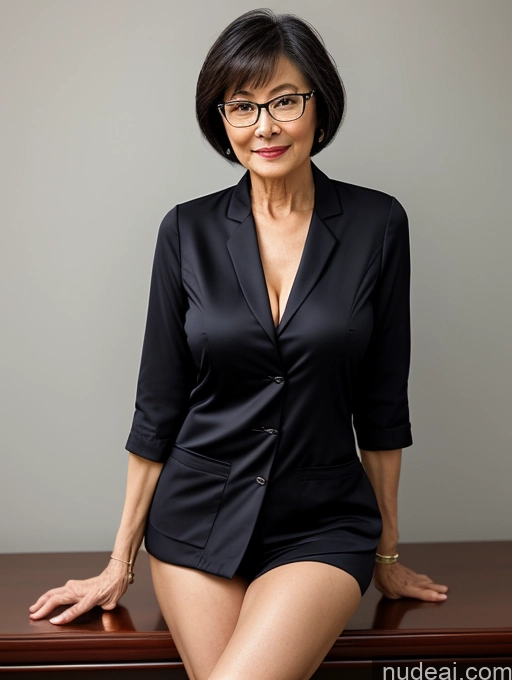 ai nude image of arafed woman in a black suit and glasses posing for a picture pics of Milf Two Perfect Boobs Beautiful Glasses Perfect Body Short Hair 70s Chinese Bra Casual Doctor Lab Coat Cleavage Dark Lighting Detailed Sexy Face