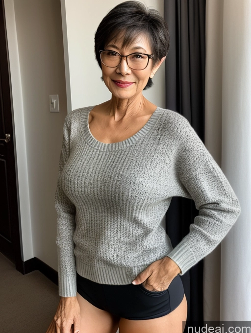 ai nude image of arafed woman in a gray sweater and black shorts posing for a picture pics of Milf Two Small Tits Beautiful Glasses Perfect Body Short Hair 70s Chinese Side View Bra Casual Professor Sweater Cleavage Dark Lighting Detailed Sexy Face