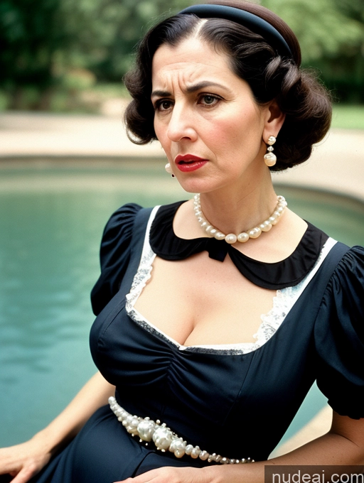 ai nude image of there is a woman in a black dress sitting by a pool pics of Busty Skinny Short Pregnant Angry Black Hair Jewish Front View Dress Pearl Jewelry 60s Milf Victorian Vintage 50s Long Skirt Secretary