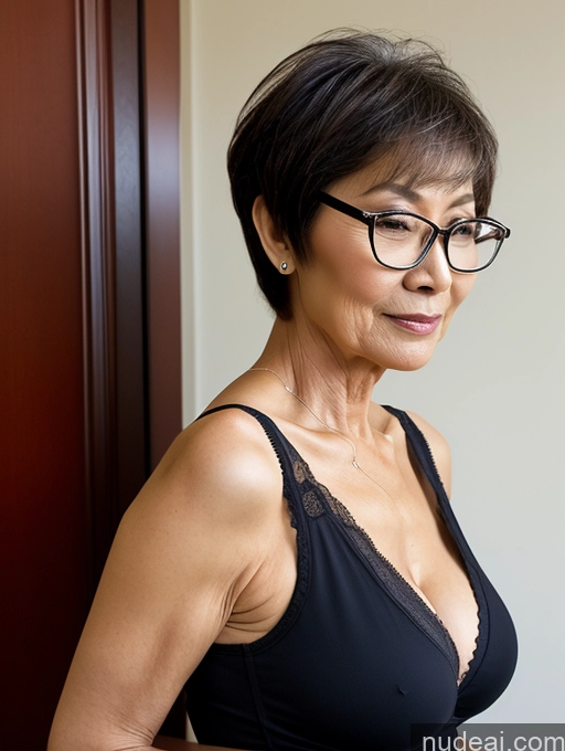 ai nude image of there is a woman in a bra top and glasses posing for a picture pics of Milf Two Small Tits Beautiful Glasses Perfect Body Short Hair 70s Chinese Side View Bra Casual Professor Sweater Cleavage Dark Lighting Detailed Sexy Face