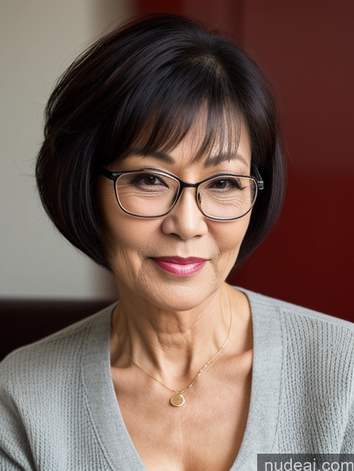 ai nude image of smiling woman with glasses and a necklace on her neck pics of Milf Two Small Tits Beautiful Glasses Perfect Body Short Hair 70s Chinese Bra Casual Professor Sweater Cleavage Dark Lighting Detailed Sexy Face Perfect Boobs