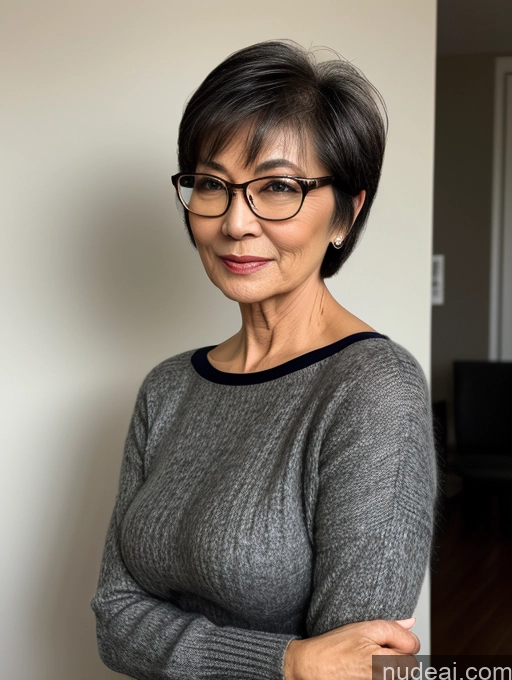 ai nude image of there is a woman with glasses standing in a room pics of Milf Two Small Tits Beautiful Glasses Perfect Body Short Hair 70s Chinese Side View Bra Casual Professor Sweater Cleavage Dark Lighting Detailed Sexy Face