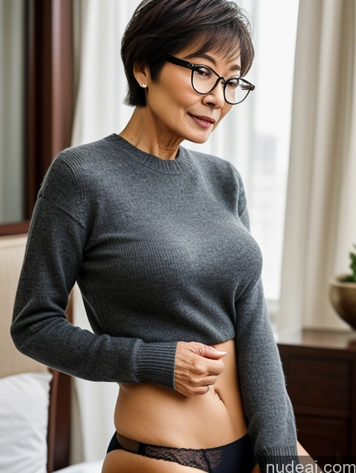 ai nude image of there is a woman in glasses posing on a bed pics of Milf Two Small Tits Beautiful Glasses Perfect Body Short Hair 70s Chinese Side View Bra Casual Professor Sweater Cleavage Dark Lighting Detailed Sexy Face