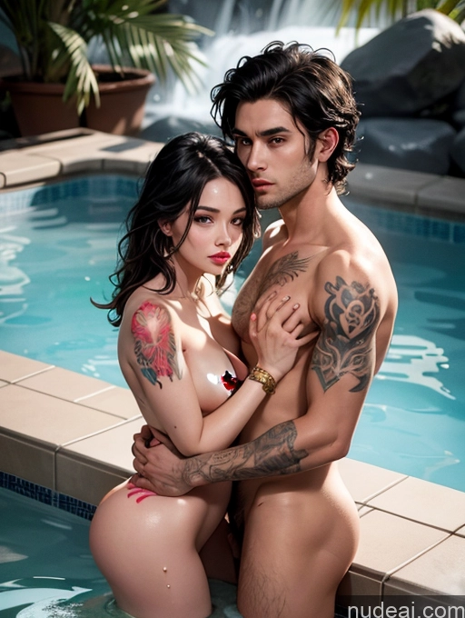 related ai porn images free for Tattoos Black Hair Indonesian Illustration Nude Gold Jewelry Dark Lighting Pubic Hair 30s Front View Detailed Woman + Man Two Seductive Messy Hot Tub Cumshot