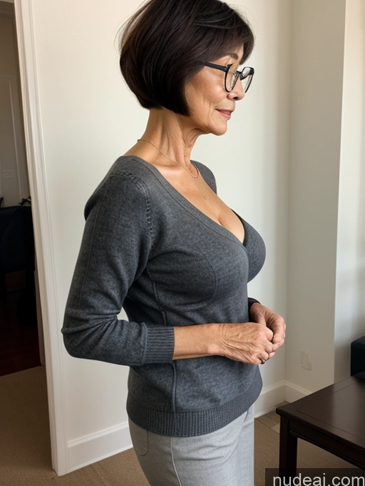 ai nude image of there is a woman standing in a living room with a remote pics of Milf Two Small Tits Beautiful Glasses Perfect Body Short Hair 70s Chinese Side View Bra Casual Professor Sweater Cleavage Dark Lighting Detailed Sexy Face