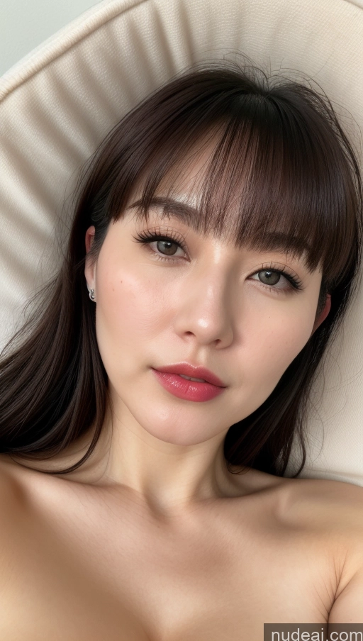 ai nude image of arafed woman with a big breast laying on a chair pics of Woman One Huge Boobs Lipstick Fairer Skin Black Hair Close-up View Korean 30s Beautiful Detailed Bangs