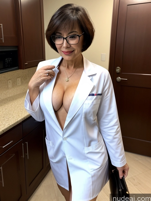 ai nude image of arafed woman in a lab coat and glasses posing for a picture pics of Milf Several Busty Perfect Boobs Beautiful Glasses Perfect Body Pubic Hair 70s Sexy Face Short Hair Chinese Party Blouse Casual Doctor High Heels Lab Coat Stylish Cleavage Partially Nude Dark Lighting Detailed