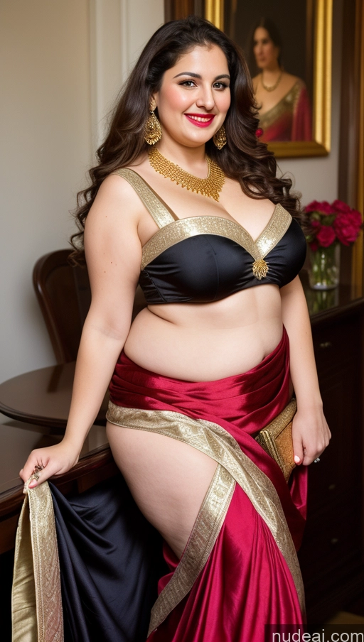 ai nude image of araffe woman in a red and gold sari posing for a picture pics of Milf Busty Beautiful Lipstick Thick Chubby Big Hips Fat Fairer Skin 20s Happy Seductive Brunette Long Hair Russian Party Front View Straddling Sari Victorian Cleavage Gold Jewelry Blouse Dirndl