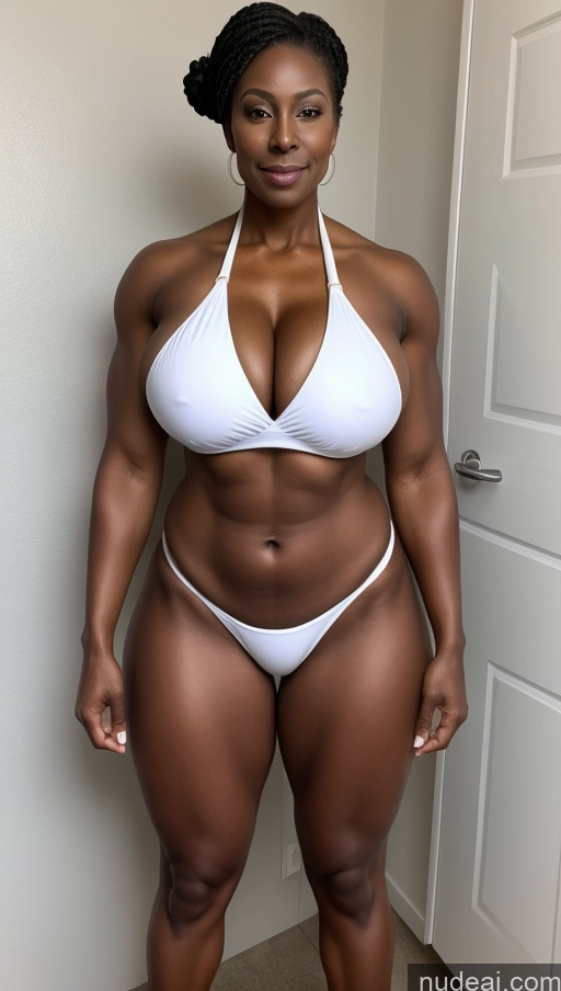 related ai porn images free for Bodybuilder Busty Huge Boobs Muscular Abs Tall Big Ass Sexy Face Beautiful Front View Bikini Microkini Detailed African Dark Skin Seductive Oiled Body Big Hips 70s White Hair Changing Room Hair Bun Spreading Legs