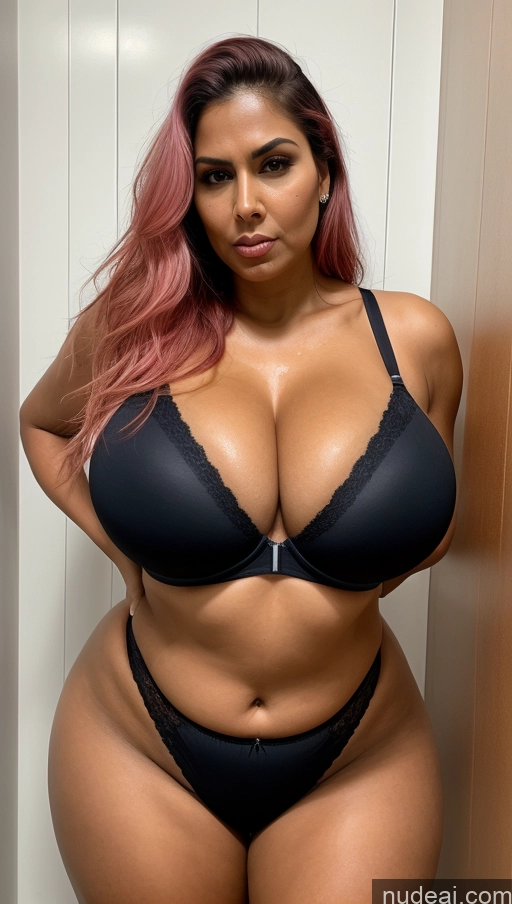 ai nude image of araffe woman with pink hair and black bra in a black lingerie pics of Busty Huge Boobs Tall Big Ass Sexy Face Beautiful Front View Detailed Oiled Body T-pose Miss Universe Model Thick Indian Bra Thong 60s Long Hair Pink Hair Big Hips Dark Skin Bathroom Angry