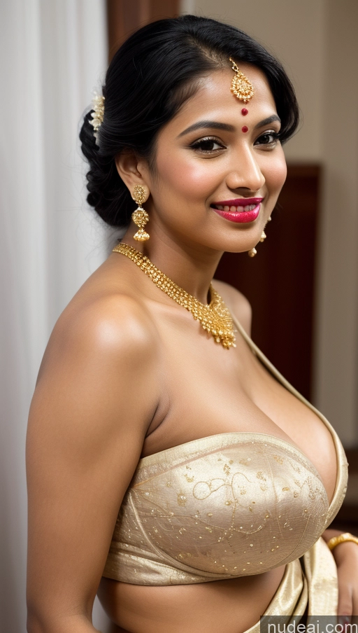 ai nude image of araffe woman in a gold dress with a gold necklace and earrings pics of Woman Huge Boobs Beautiful Lipstick Big Ass Fairer Skin 50s Happy Sexy Face Seductive Black Hair Indian Skin Detail (beta) Push-up Bra Sari Gold Jewelry Bright Lighting Close-up View Snow Traditional Wedding