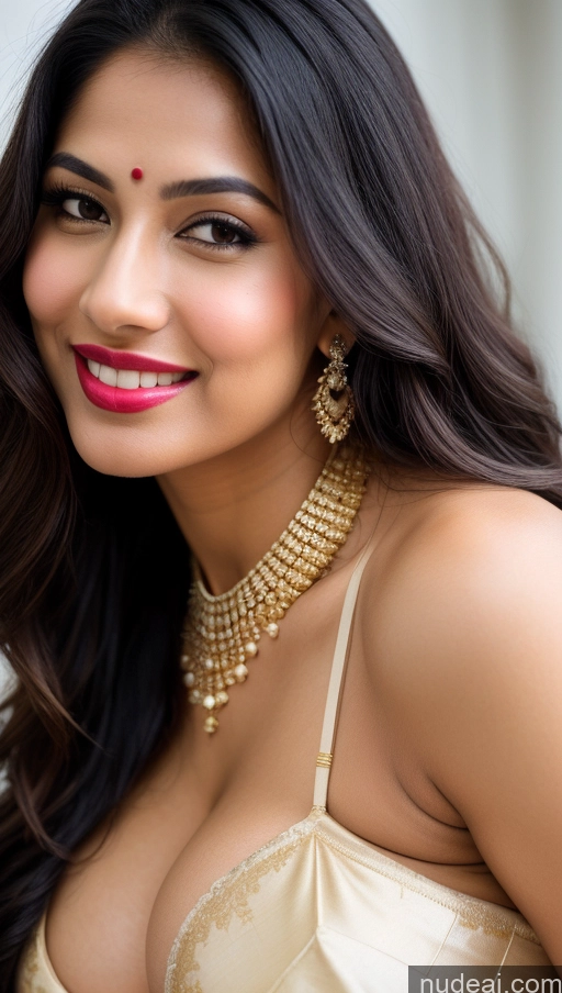 ai nude image of a close up of a woman wearing a gold dress and a necklace pics of Woman Huge Boobs Beautiful Lipstick Big Ass Fairer Skin 50s Happy Sexy Face Seductive Black Hair Indian Skin Detail (beta) Push-up Bra Sari Gold Jewelry Bright Lighting Close-up View Snow Traditional Wedding