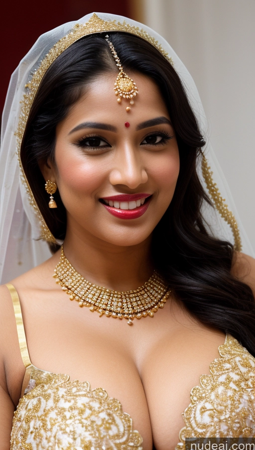 ai nude image of araffed woman in a gold dress and a veil with a smile pics of Woman Huge Boobs Beautiful Lipstick Big Ass Fairer Skin 50s Happy Sexy Face Seductive Black Hair Indian Skin Detail (beta) Push-up Bra Sari Gold Jewelry Bright Lighting Close-up View Snow Traditional Wedding