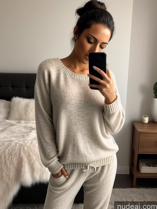 ai nude image of arafed woman in a white sweater and pants taking a selfie pics of Woman 20s Seductive Brunette Hair Bun Brazilian Mirror Selfie Bedroom Front View Dark Lighting Pajamas One Sweater