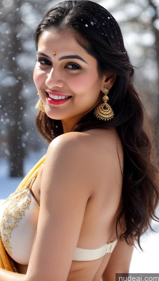 ai nude image of smiling woman in a yellow and white bikini posing in the snow pics of Woman Huge Boobs Beautiful Lipstick Big Ass Fairer Skin 50s Black Hair Happy Indian Skin Detail (beta) Sari Traditional Tribal Gold Jewelry Bright Lighting Push-up Bra Snow Close-up View