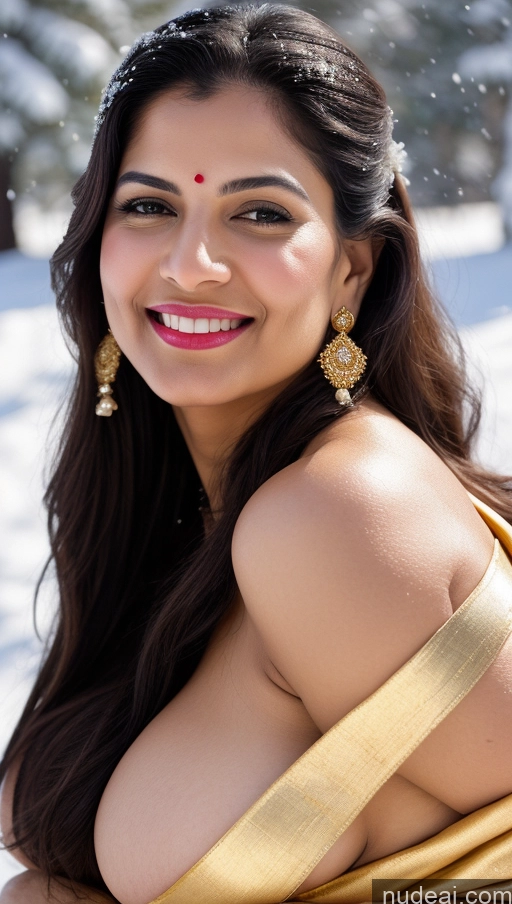 ai nude image of smiling woman in a gold sari posing for a picture pics of Woman Huge Boobs Beautiful Lipstick Big Ass Fairer Skin 50s Black Hair Happy Indian Skin Detail (beta) Sari Traditional Tribal Gold Jewelry Bright Lighting Push-up Bra Snow Front View