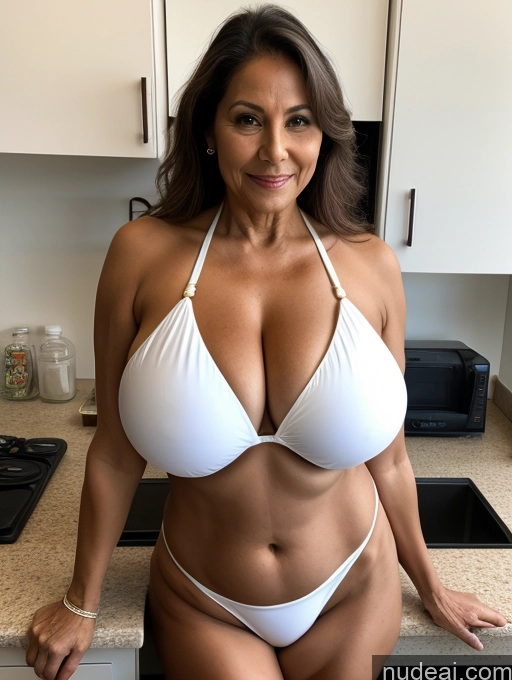 ai nude image of arafed woman in a white bikini posing in a kitchen pics of Milf One Busty Huge Boobs Tanned Skin 70s Front View Microkini Thong Brazilian Lab Coat Professor