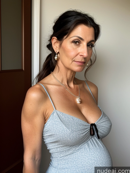 ai nude image of pregnant woman in a grey dress posing for a picture pics of Milf Busty Skinny Short Pregnant 50s Serious Black Hair Ponytail Jewish Front View Dress Sundress Pearl Jewelry