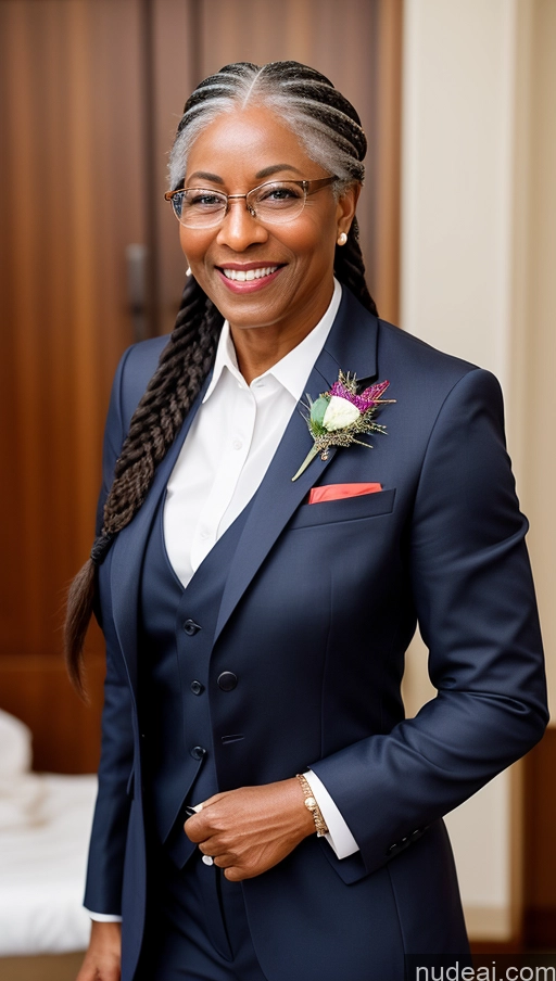 ai nude image of smiling woman in a blue suit and white shirt with a flower in her lapel pics of Suit Muscular Abs 70s Glasses Braided Dark Skin Traditional Happy Boots Wedding